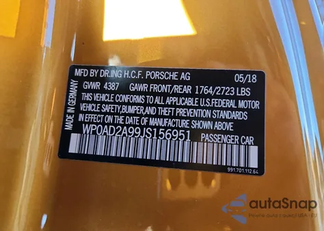 2018 Porsche 911 Turbo z USA, uszkodzony, nr VIN WP0AD2A99JS156951